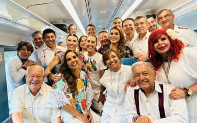 ROCÍO NAHLE VIAJA CON AMLO Y SHEINBAUM EN RECORRIDO INAUGURAL DEL TREN MAYA TRAMO QUINTANA ROO- YUCATÁN