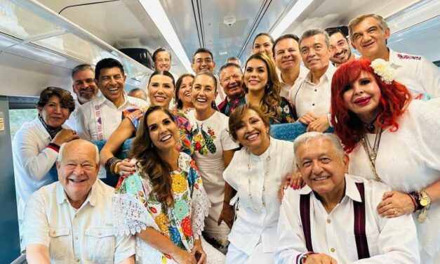 ROCÍO NAHLE VIAJA CON AMLO Y SHEINBAUM EN RECORRIDO INAUGURAL DEL TREN MAYA TRAMO QUINTANA ROO- YUCATÁN