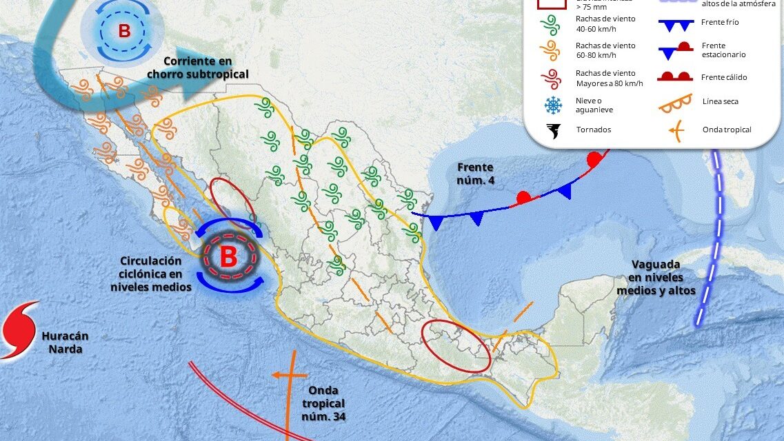 Se pronostican lluvias este fin de semana debido al Frente Frío 4 y un canal de baja presión