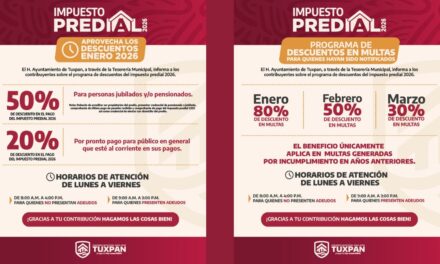 H. Ayuntamiento de Tuxpan invita a la ciudadanía a aprovechar los descuentos del Impuesto Predial 2026
