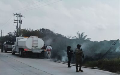 Movilización de Bomberos y Policía por incendio de pastizal en la carretera Tuxpan–Cazones